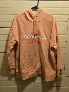 Reebok Hoodie Unisex L(17) Pink Pullover Fleece Lined Logo Kangaroo Pocket